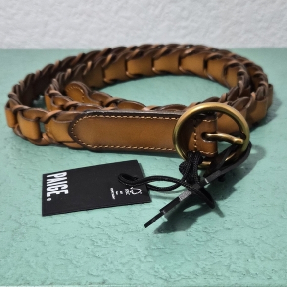 PAIGE Braided Harley Leather Belt Tan Size S Gold Ring Buckle NWT - Picture 2 of 8